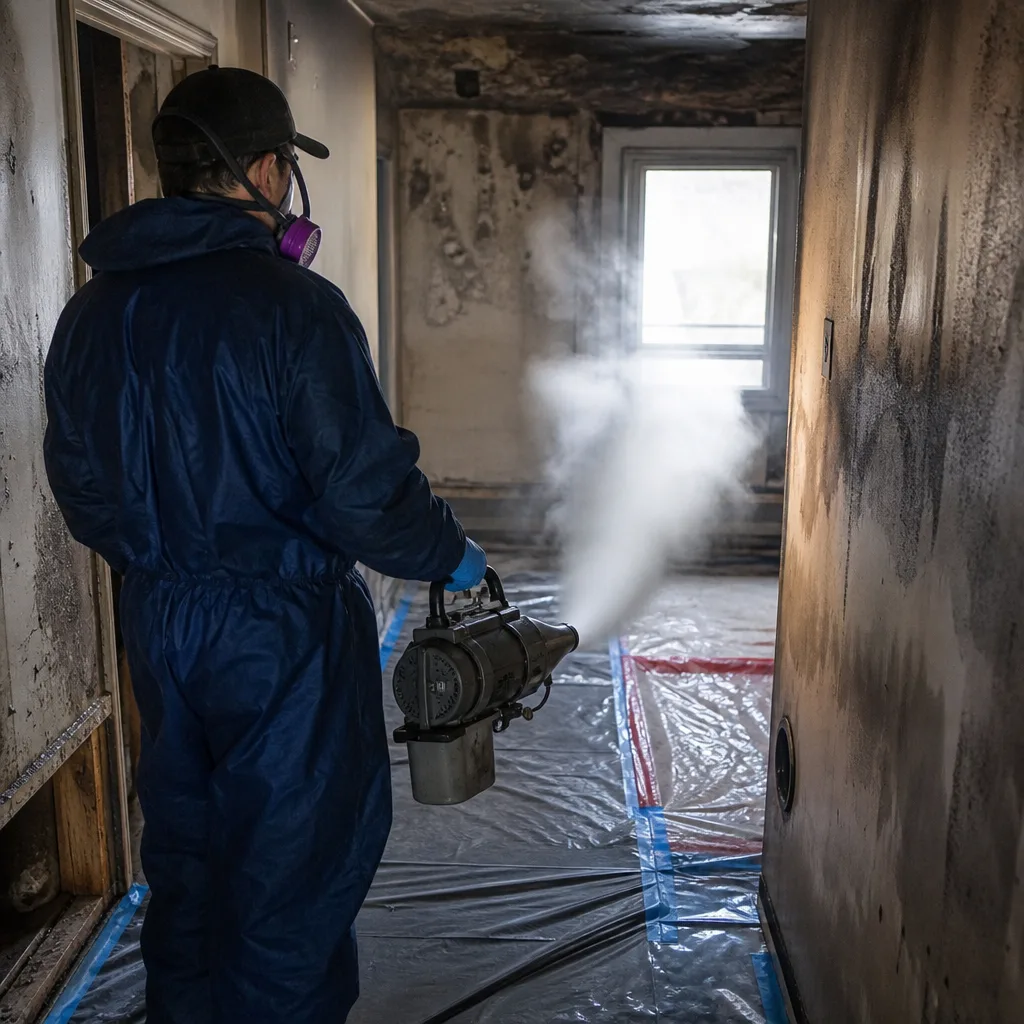 Technician performing professional fire and smoke damage restoration and odor removal