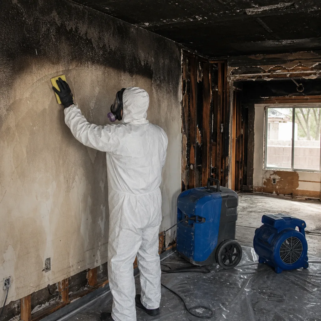Technician in protective gear performing professional fire and smoke damage restoration
