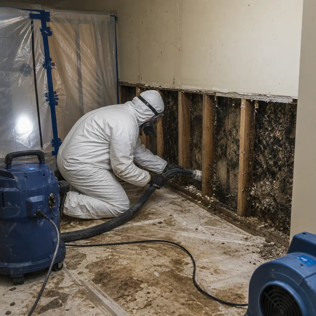 Technician in hazmat suit performing professional mold remediation on wall studs.