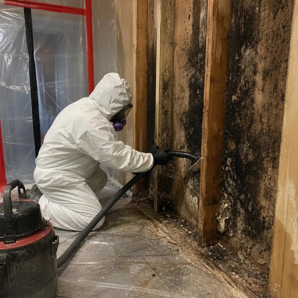 Technician in protective gear performing professional mold remediation on a wall
