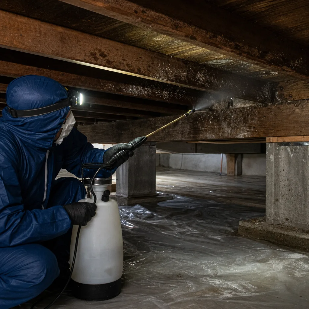 Technician in protective gear performing professional mold remediation on crawl space joists